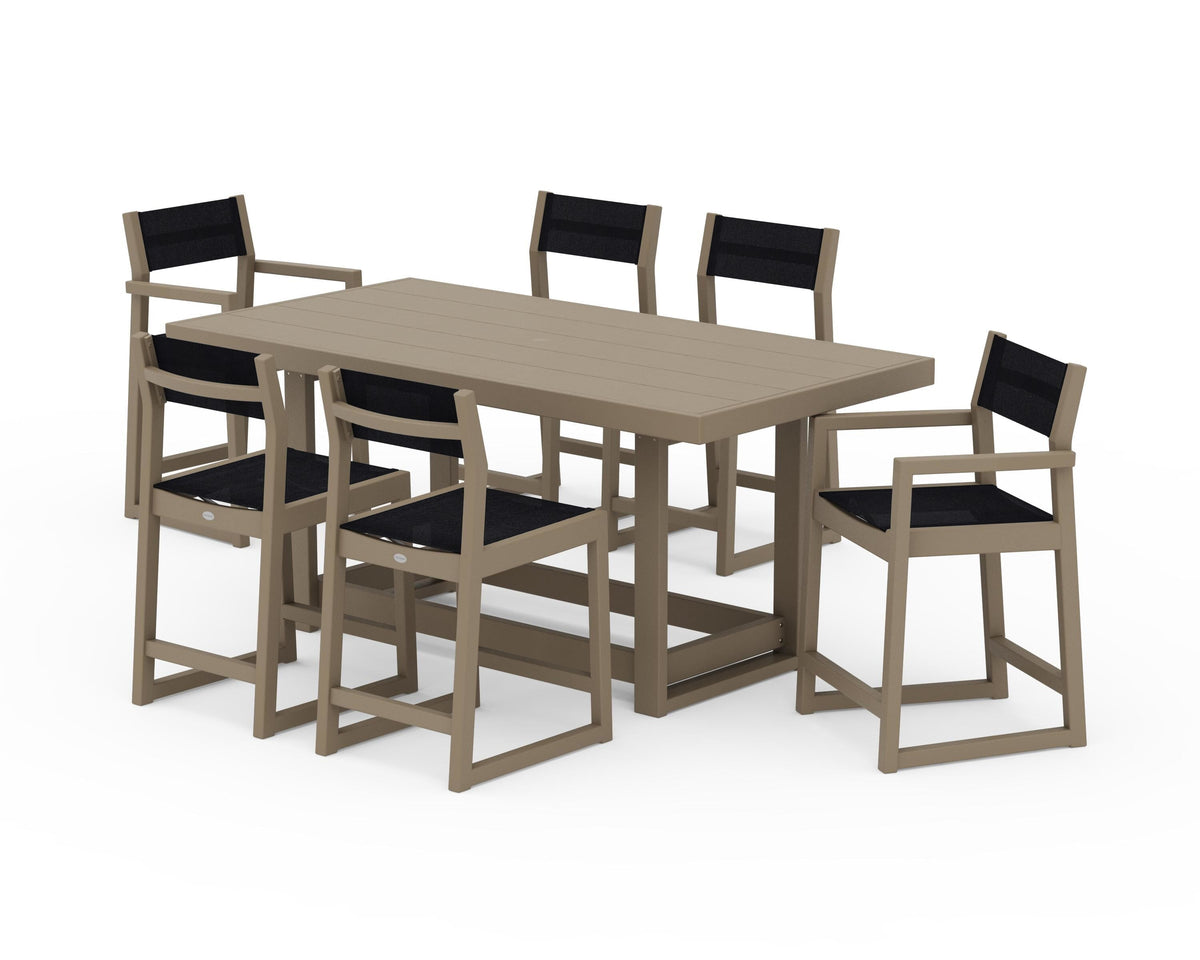 POLYWOOD EDGE Sling 7-Piece Counter Table Set in Vintage Sahara / Black