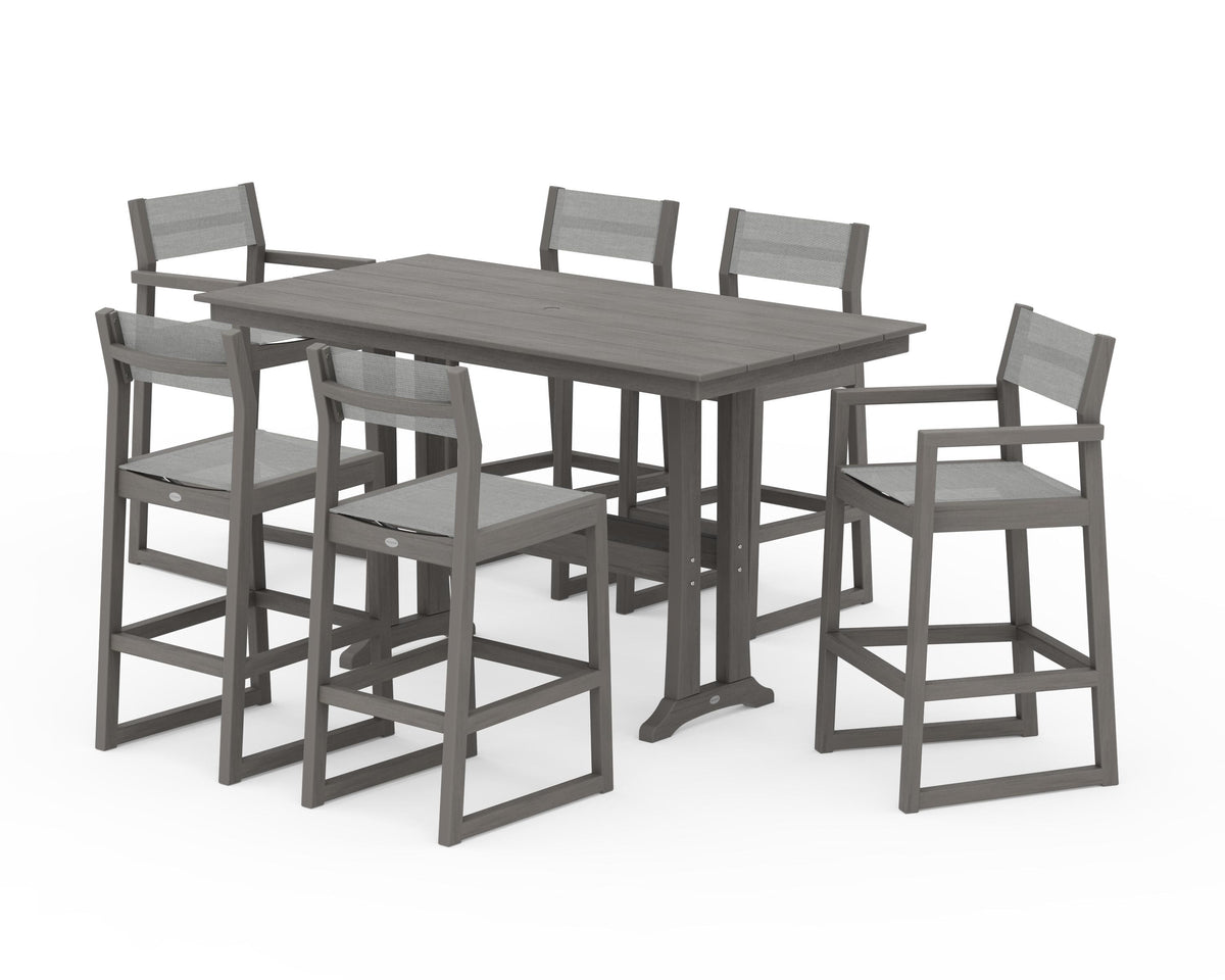POLYWOOD EDGE Sling 7-Piece Farmhouse Bar Set with Trestle Legs in Driftwood / Metallic