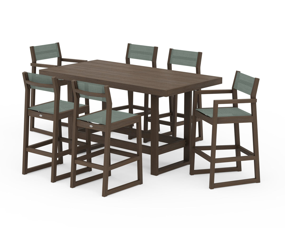 POLYWOOD EDGE Sling 7-Piece Bar Table Set in Kona / Dupioni Sea Mist