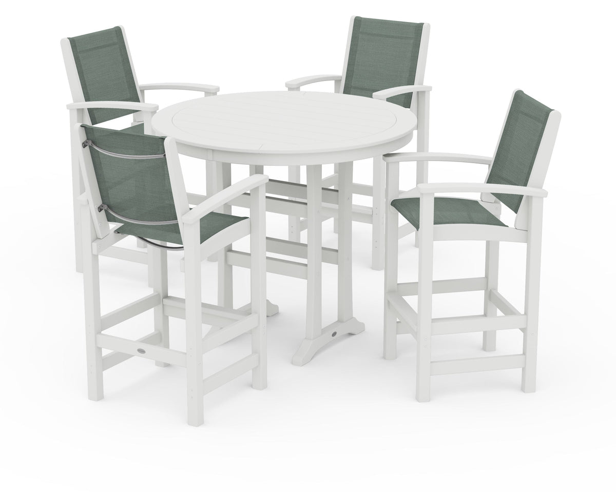POLYWOOD Coastal 5-Piece Nautical Trestle Bar Set in Vintage White / Dupioni Sea Mist