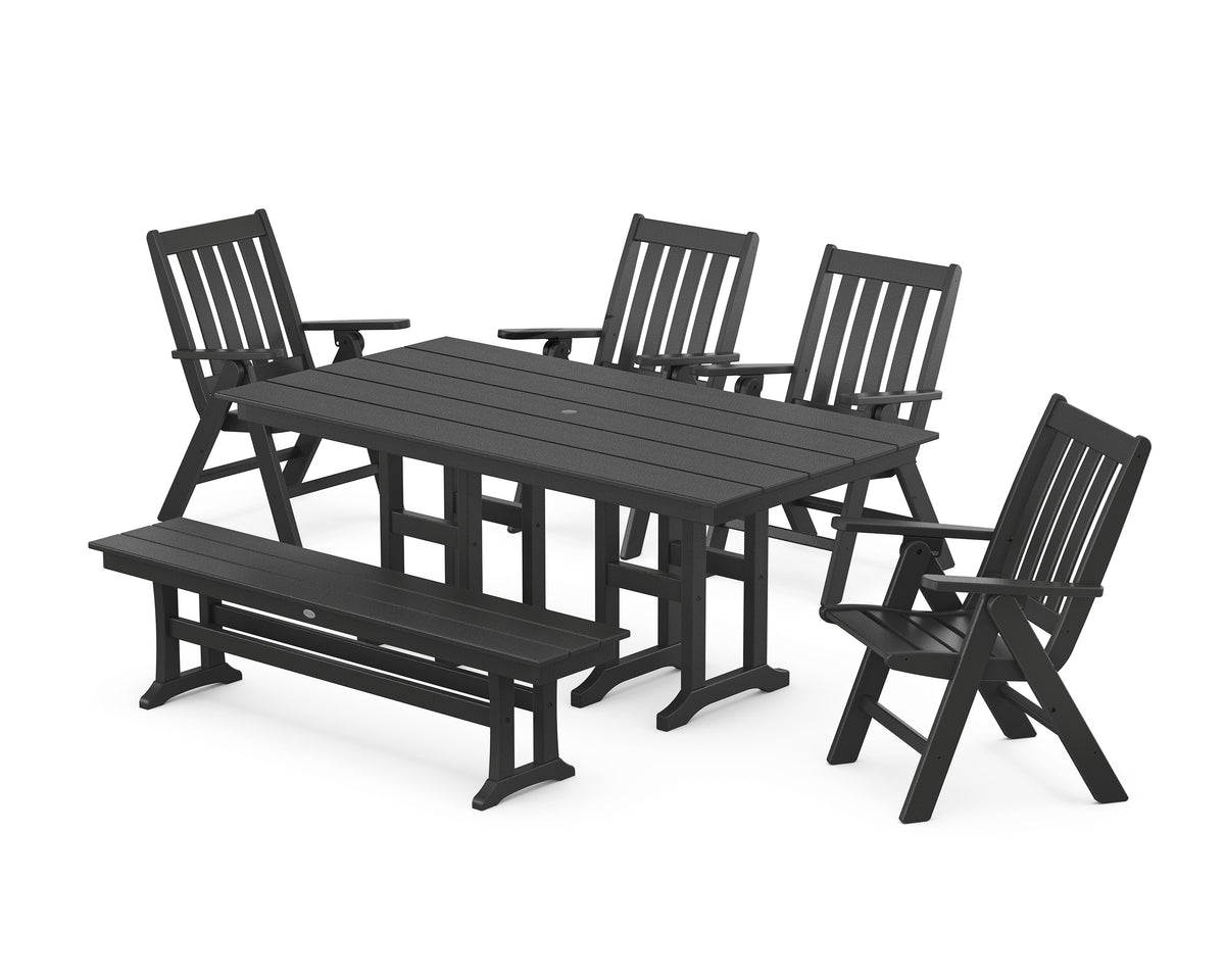 POLYWOOD Vineyard Folding Chair 6-Piece Farmhouse Dining Set with Bench in Black