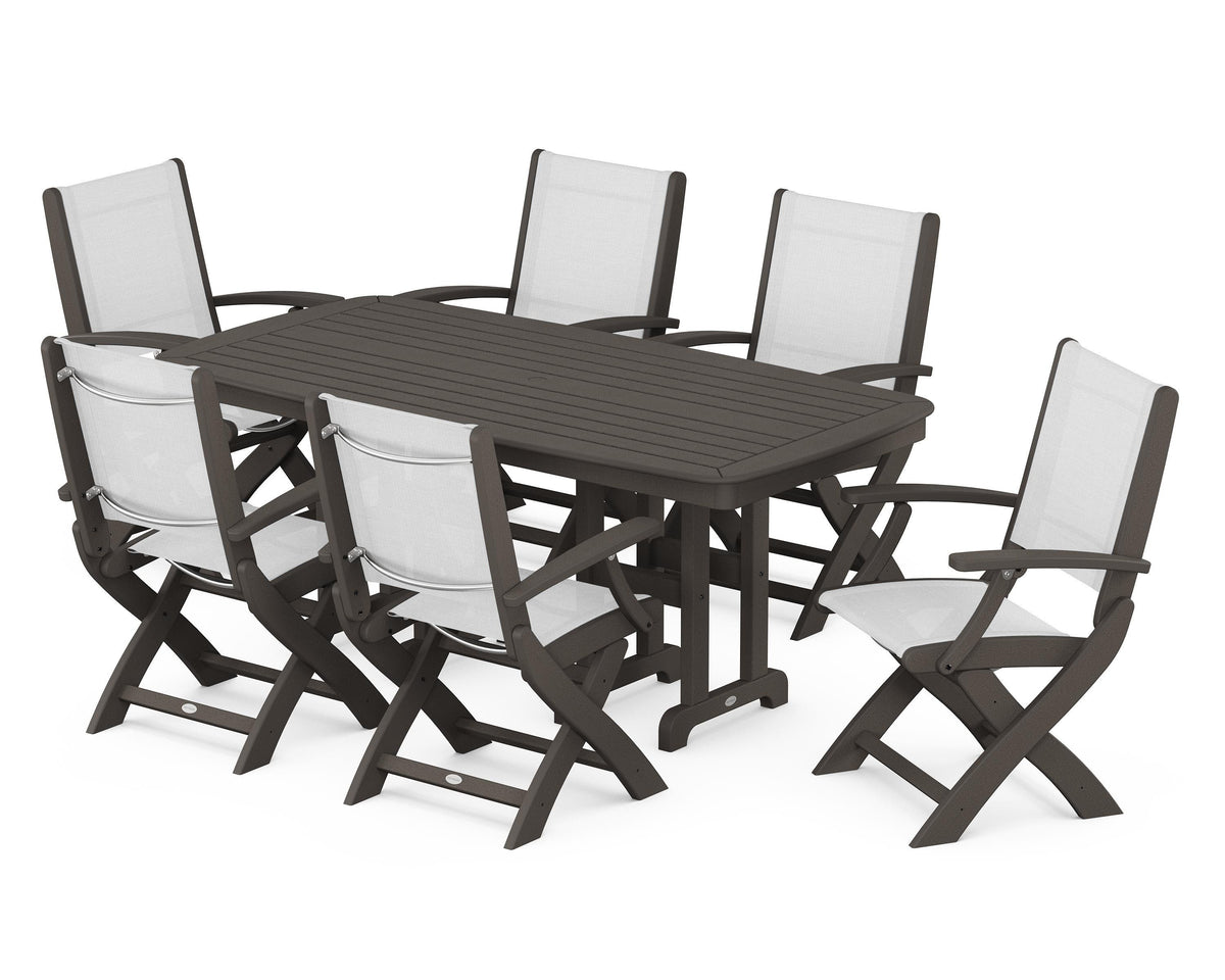 POLYWOOD Coastal Folding Arm Chair 7-Piece Dining Set in Vintage Coffee / White