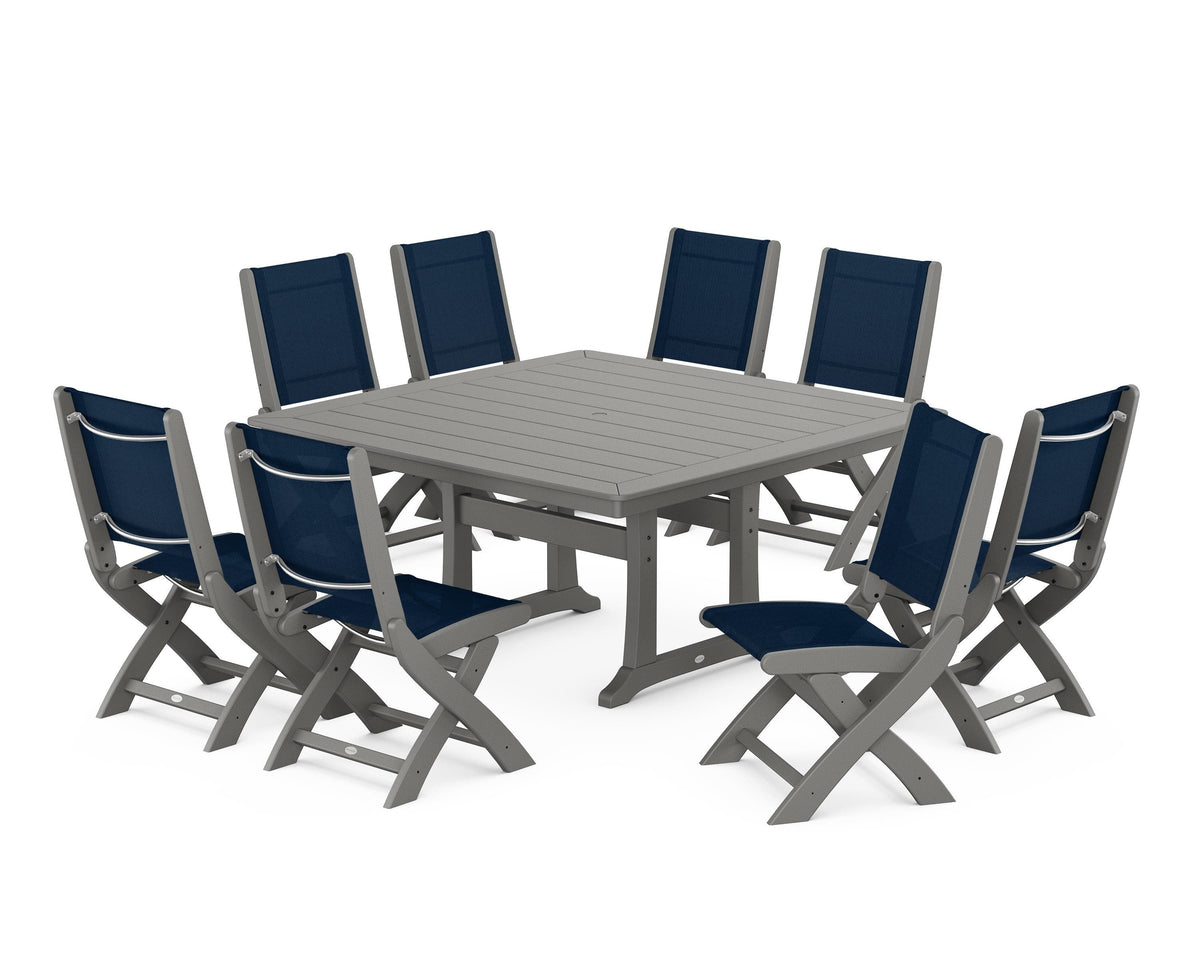 POLYWOOD Coastal Folding Side Chair 9-Piece Dining Set with Trestle Legs in Slate Grey / Navy Blue