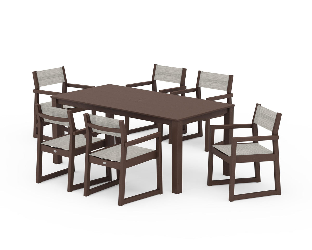 POLYWOOD EDGE Sling Arm Chair 7-Piece Parsons Dining Set in Mahogany / Birch