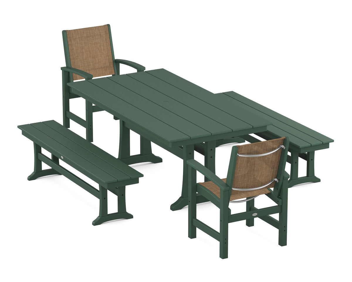 POLYWOOD Coastal 5-Piece Farmhouse Dining Set with Trestle Legs and Benches in Green / Burlap
