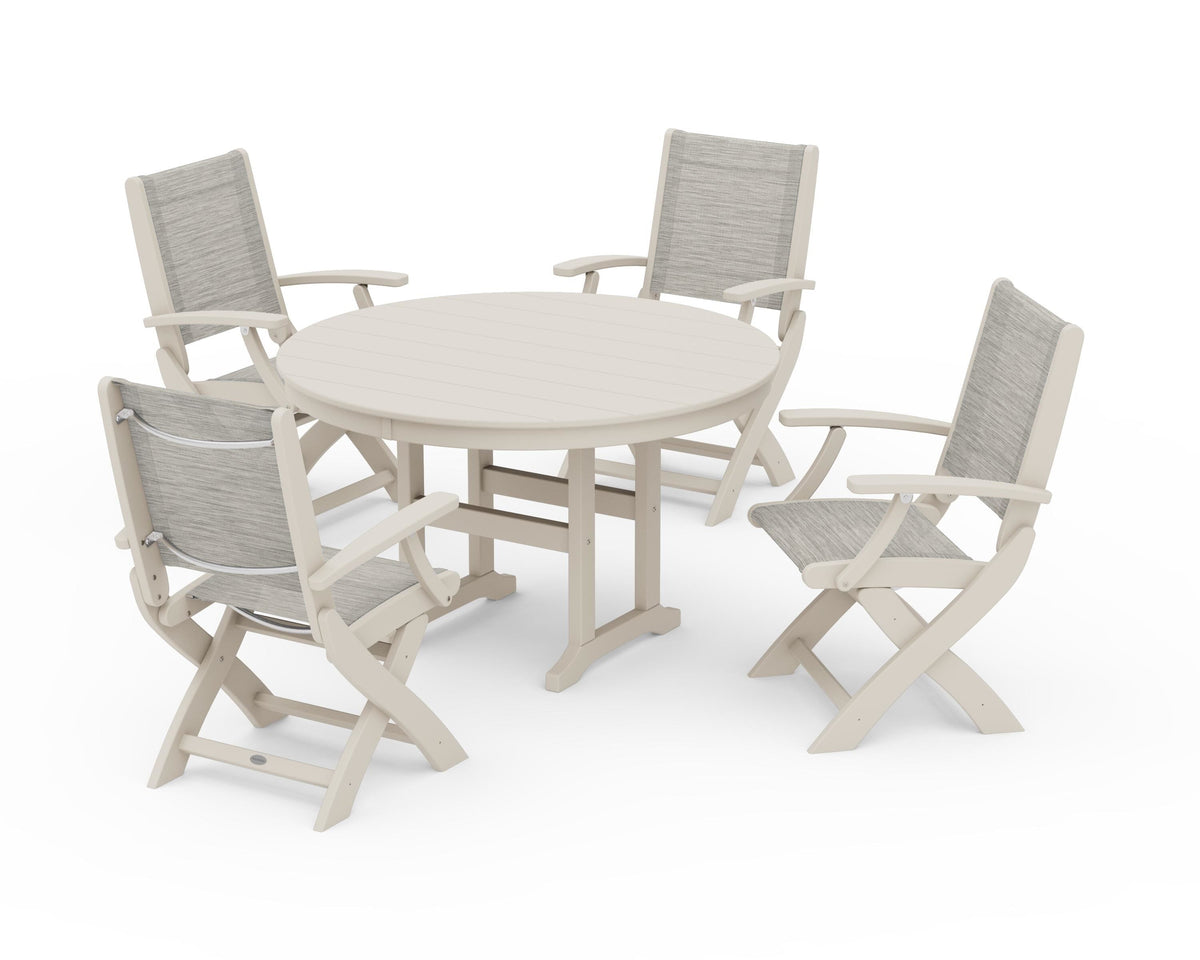 POLYWOOD Coastal Folding Chair 5-Piece Round Dining Set in Sand / Birch