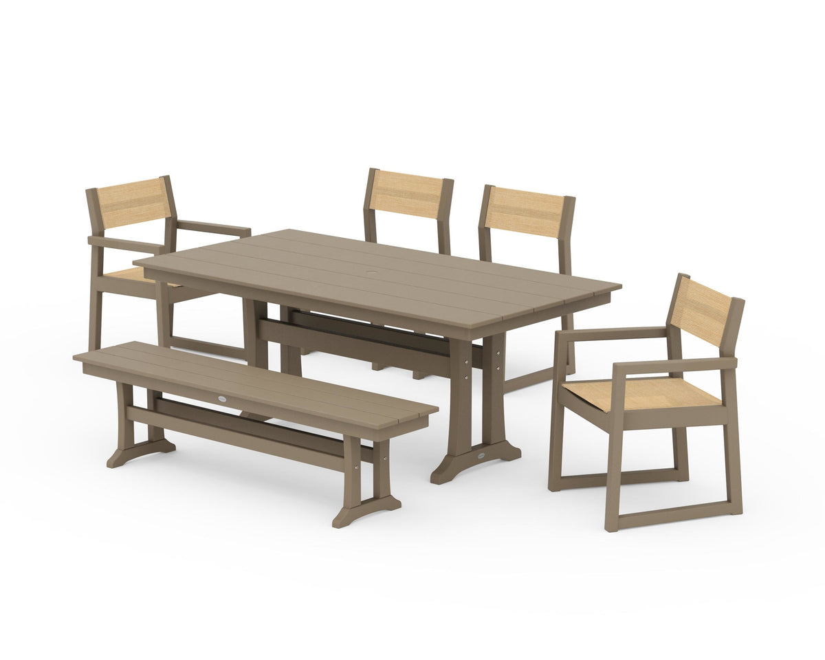 POLYWOOD EDGE Sling 6-Piece Farmhouse Dining Set With Trestle Legs in Vintage Sahara / Dupioni Apricot