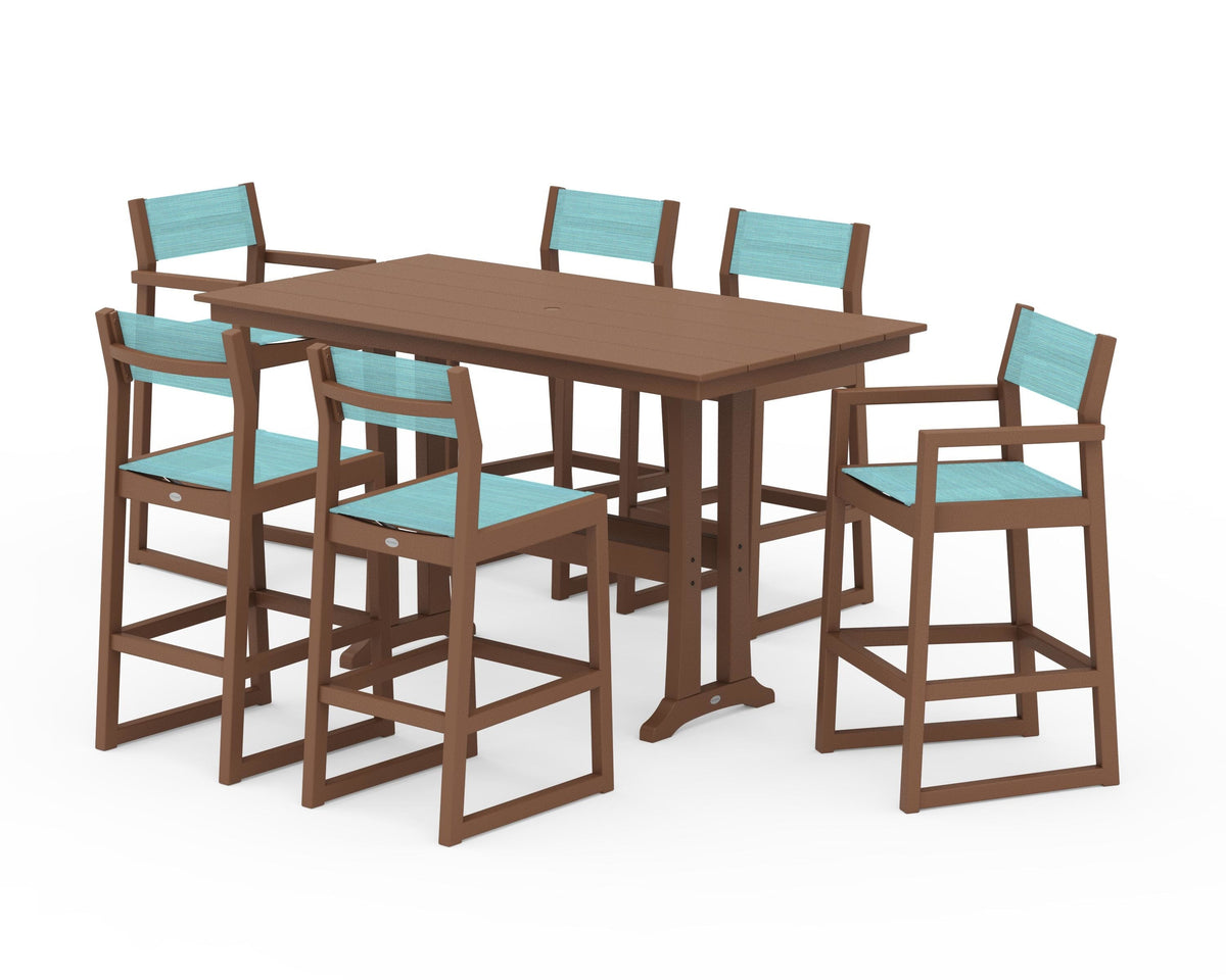 POLYWOOD EDGE Sling 7-Piece Farmhouse Bar Set with Trestle Legs in Teak / Dupioni Aquamarine