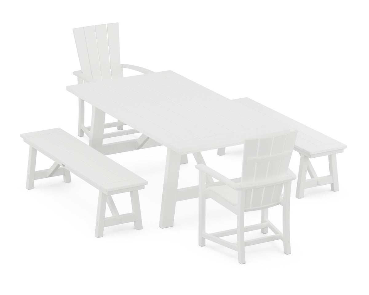 POLYWOOD Quattro 5-Piece Rustic Farmhouse Dining Set with Benches in White