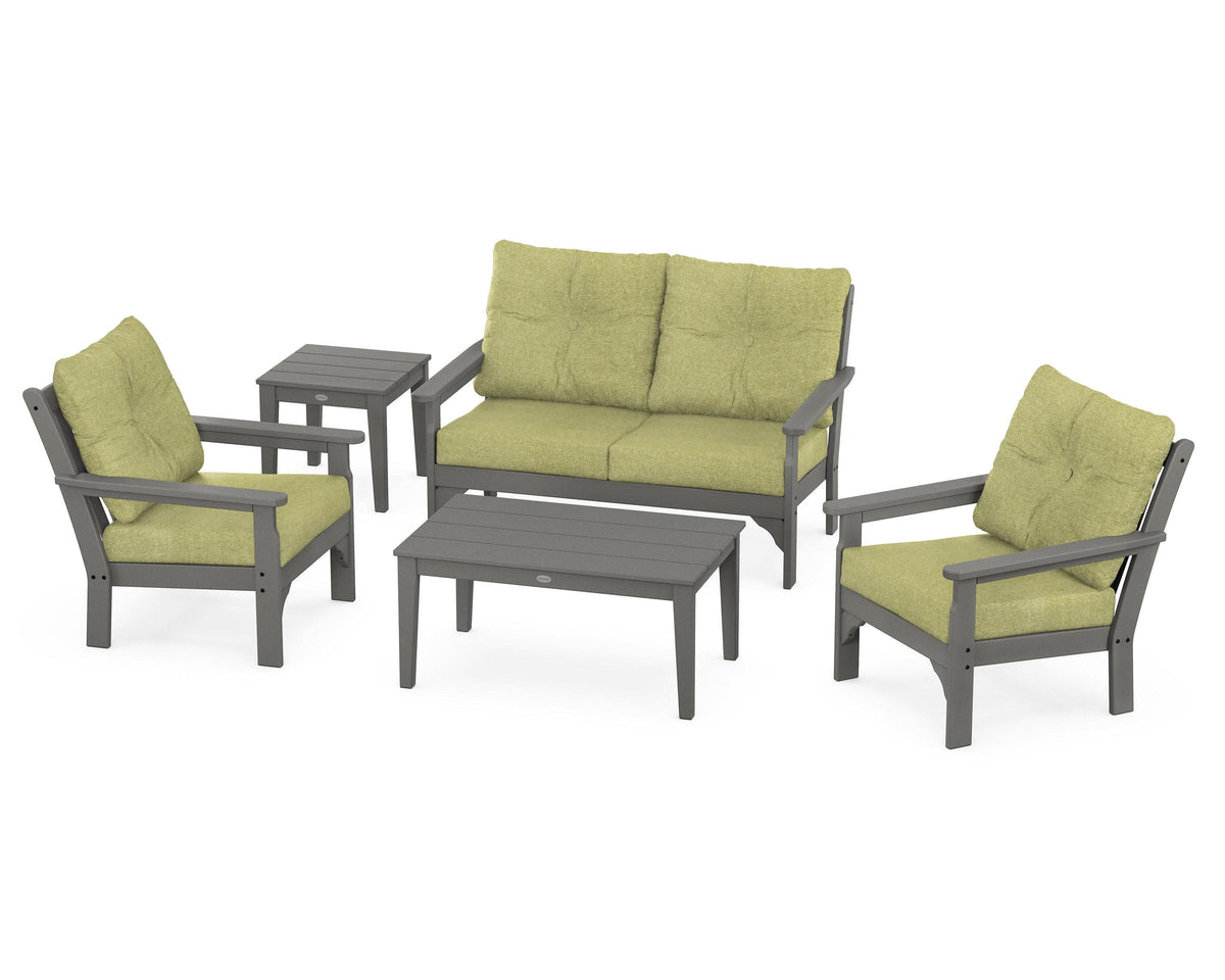 POLYWOOD Vineyard 5-Piece Deep Seating Set with Two Chairs and Loveseat in Slate Grey / Chartreuse Boucle
