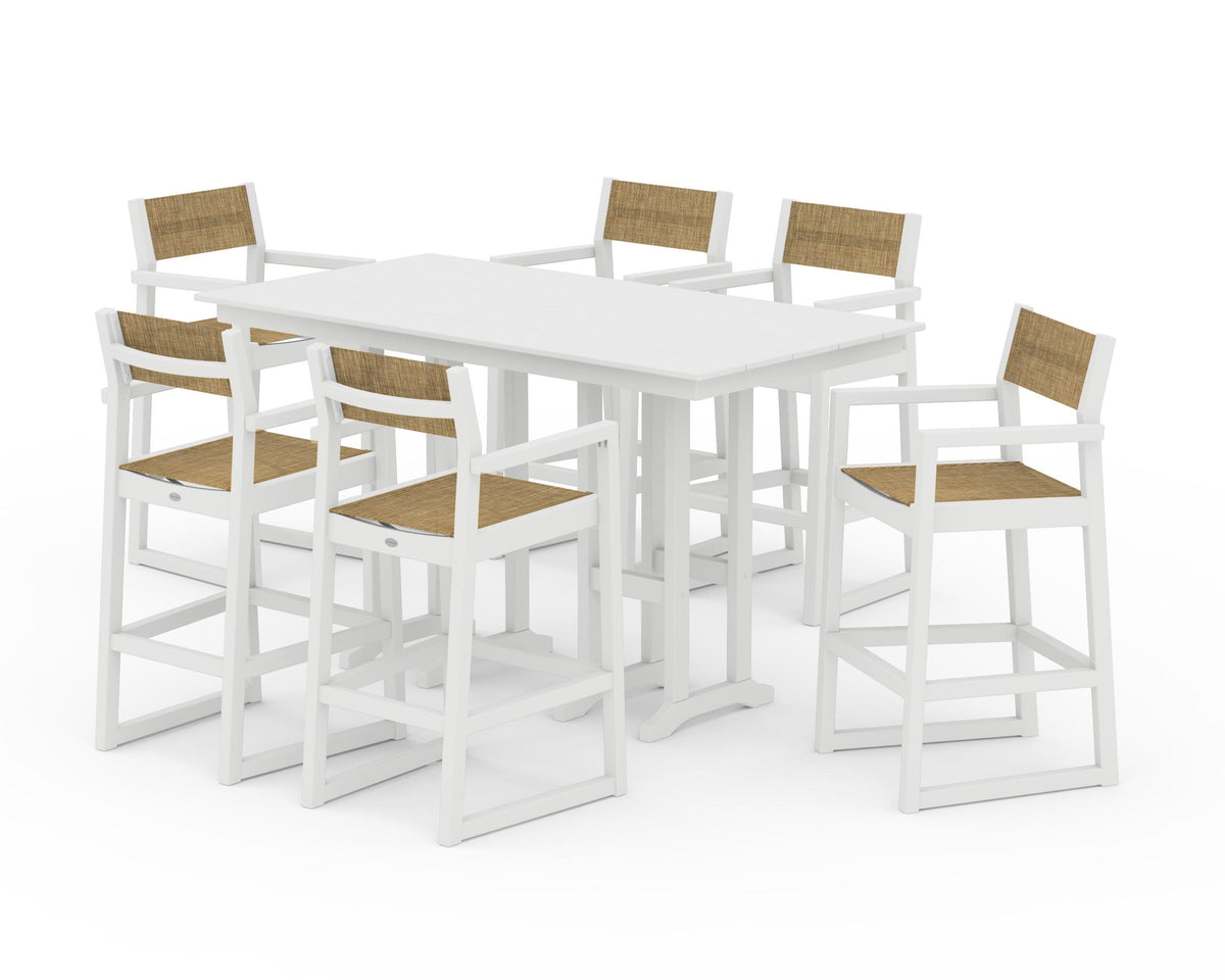 POLYWOOD EDGE Sling Arm Chair 7-Piece Farmhouse Bar Set in White / Burlap