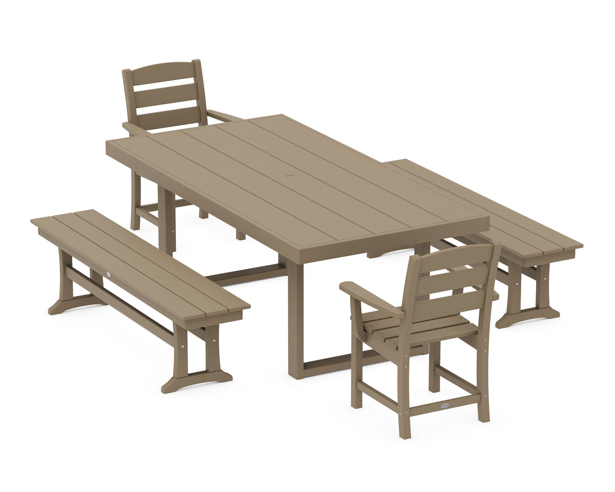 POLYWOOD Lakeside 5-Piece Dining Set with Benches in Vintage Sahara