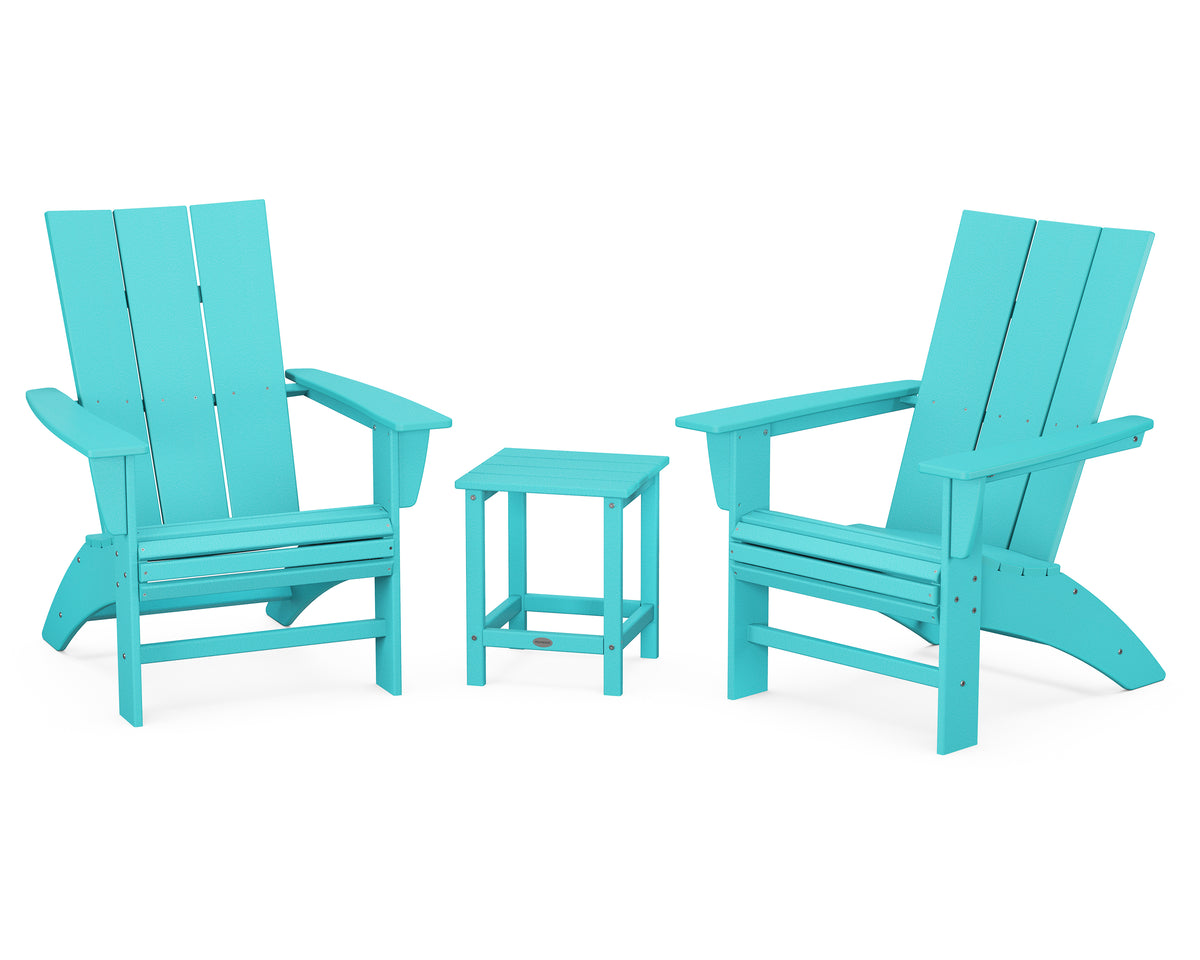 POLYWOOD Modern 3-Piece Curveback Adirondack Set With Long Island 18" Side Table in Aruba