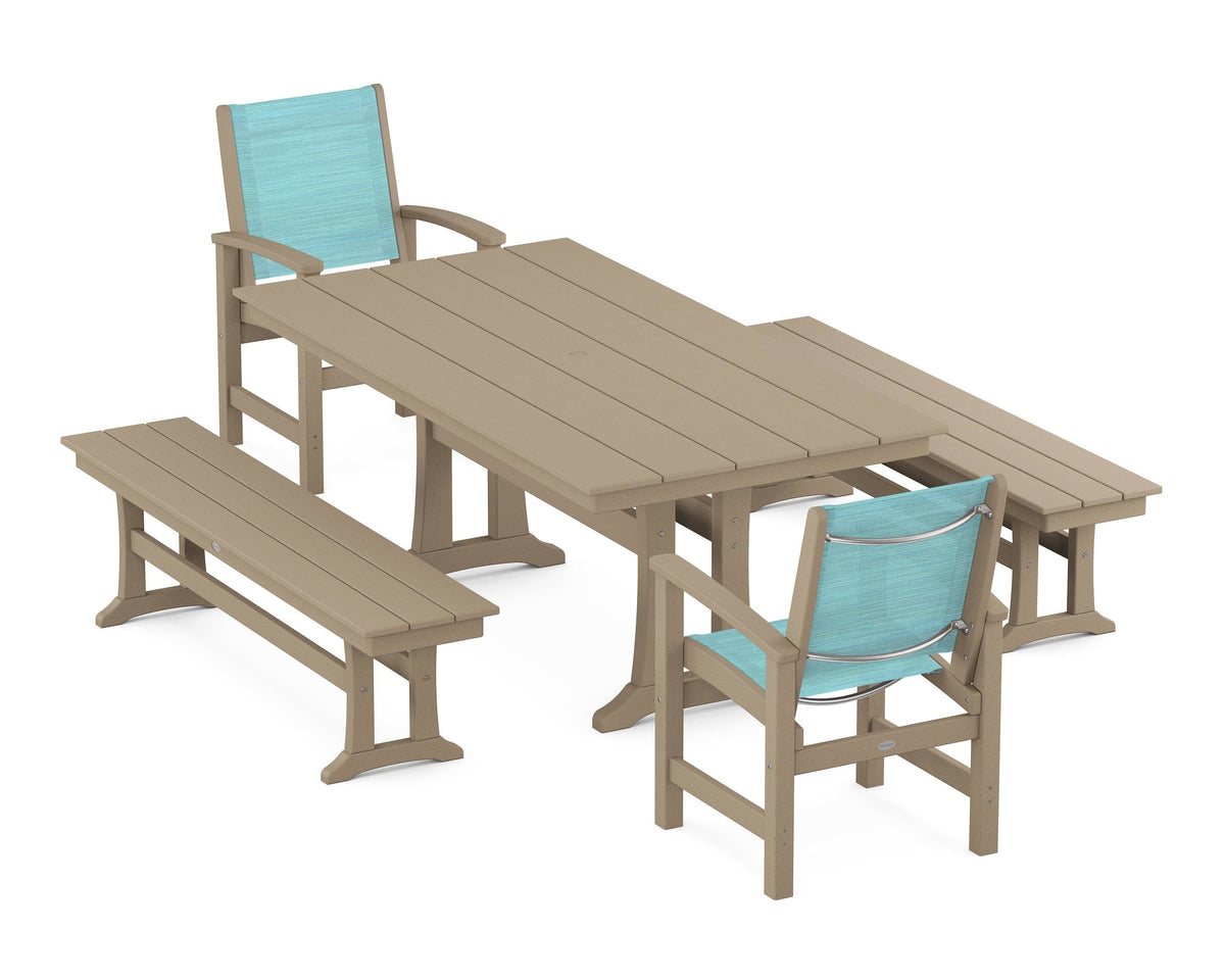 POLYWOOD Coastal 5-Piece Farmhouse Dining Set with Trestle Legs and Benches in Vintage Sahara / Dupioni Aquamarine