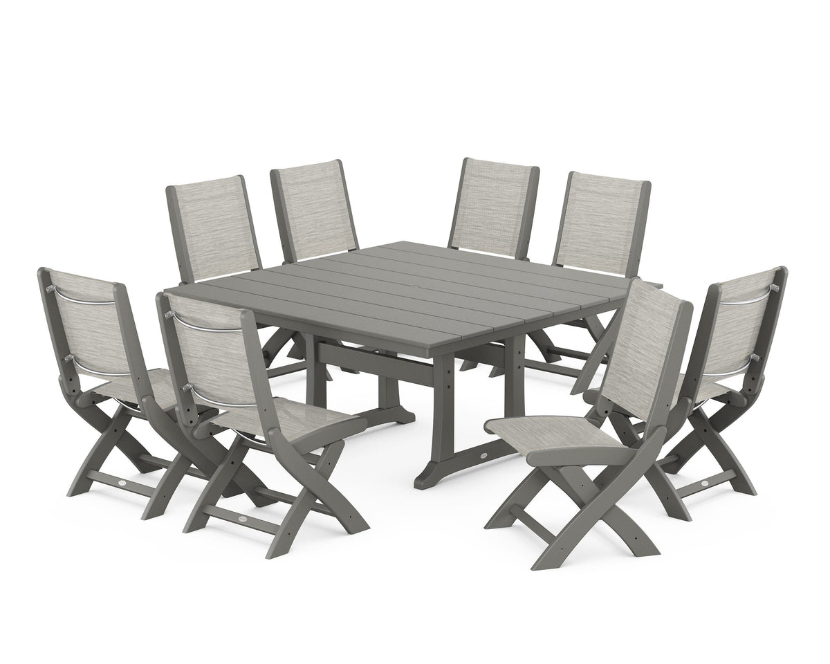 POLYWOOD Coastal Folding Side Chair 9-Piece Farmhouse Dining Set in Slate Grey / Birch