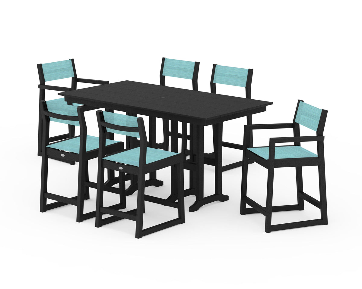 POLYWOOD EDGE Sling 7-Piece Farmhouse Counter Set with Trestle Legs in Black / Dupioni Aquamarine