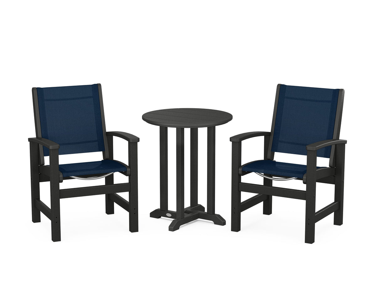 POLYWOOD Coastal 3-Piece Round Bistro Dining Set in Black / Navy Blue