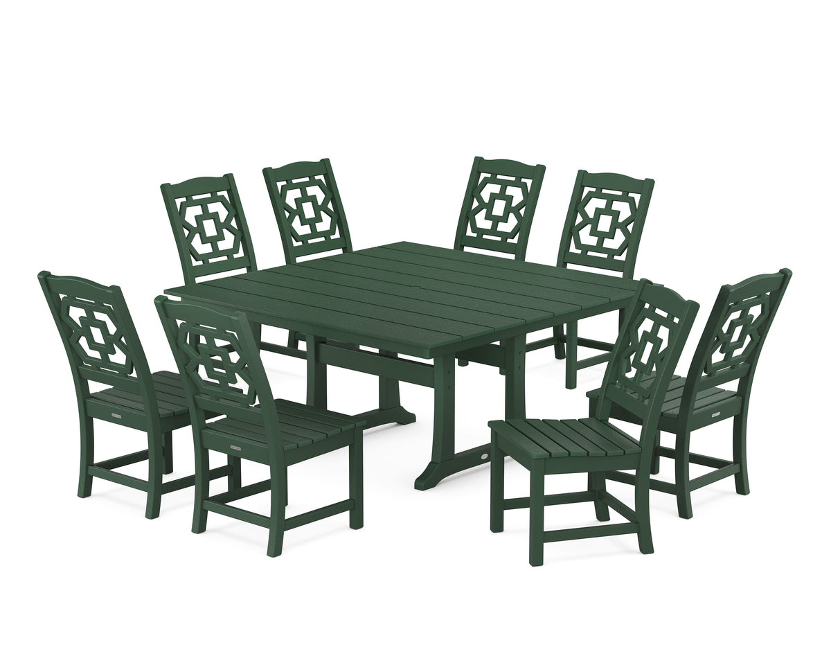 POLYWOOD Chinoiserie 9-Piece Square Farmhouse Side Chair Dining Set with Trestle Legs in Green