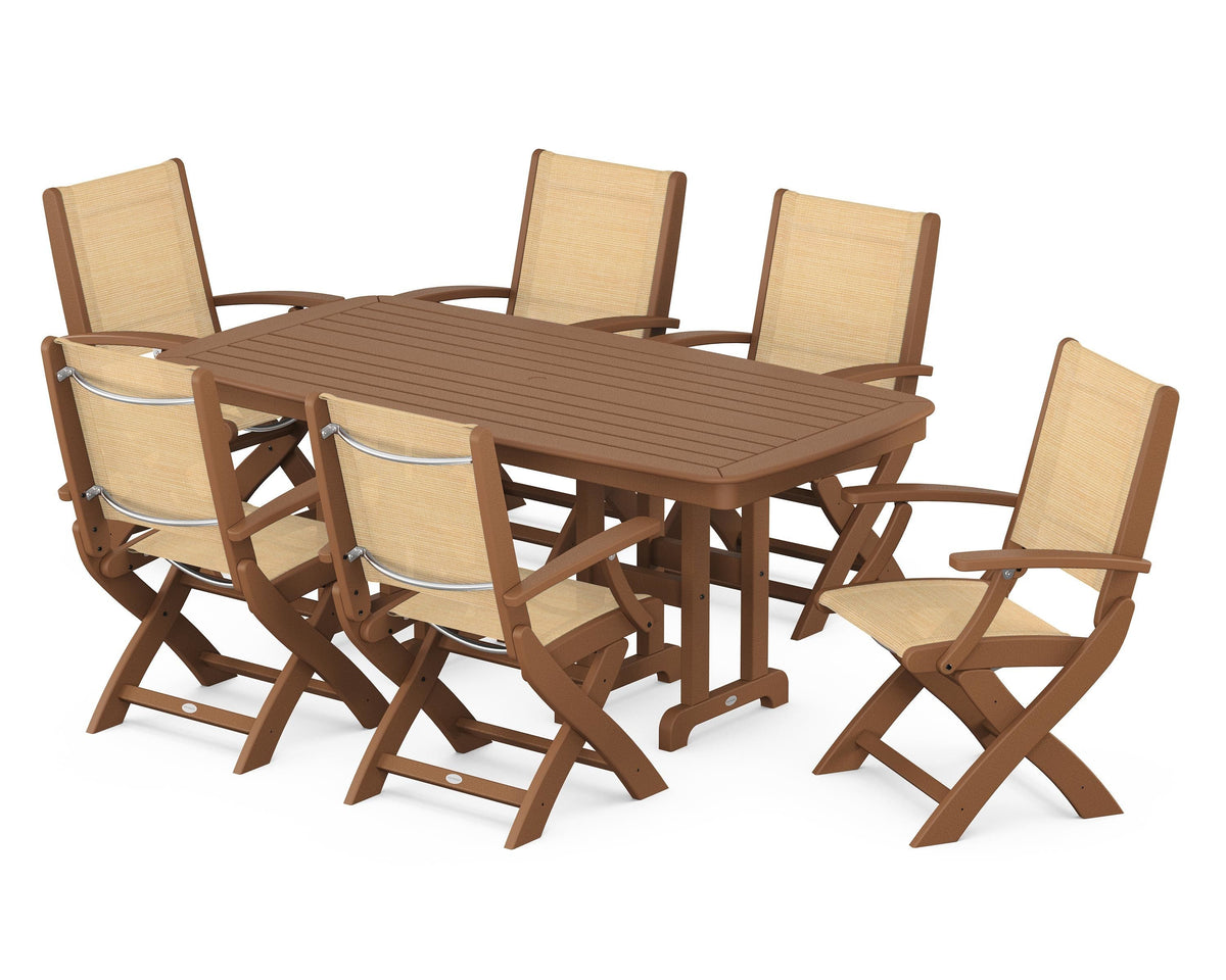POLYWOOD Coastal Folding Arm Chair 7-Piece Dining Set in Teak / Dupioni Apricot
