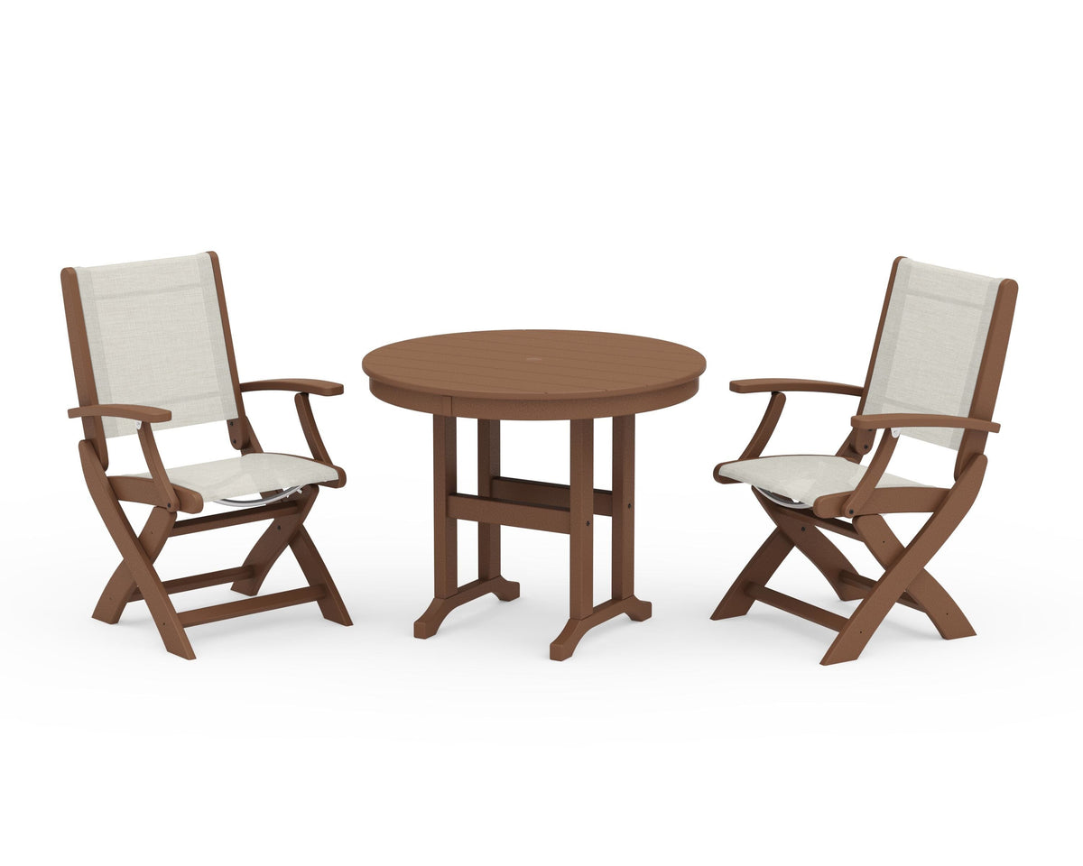 POLYWOOD Coastal Folding Chair 3-Piece Round Dining Set in Teak / Parchment