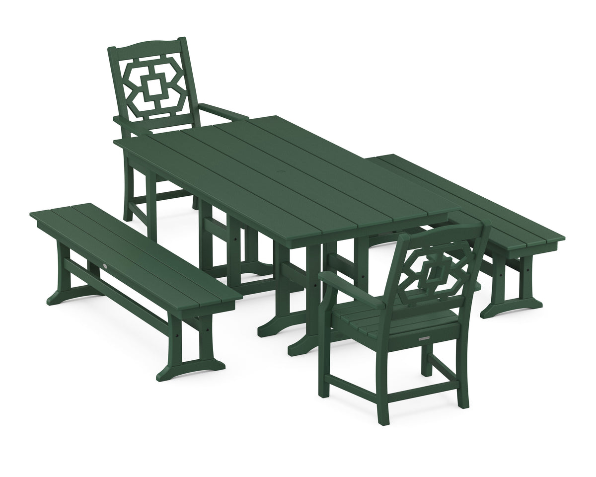 POLYWOOD Chinoiserie 5-Piece Farmhouse Dining Set with Benches in Green