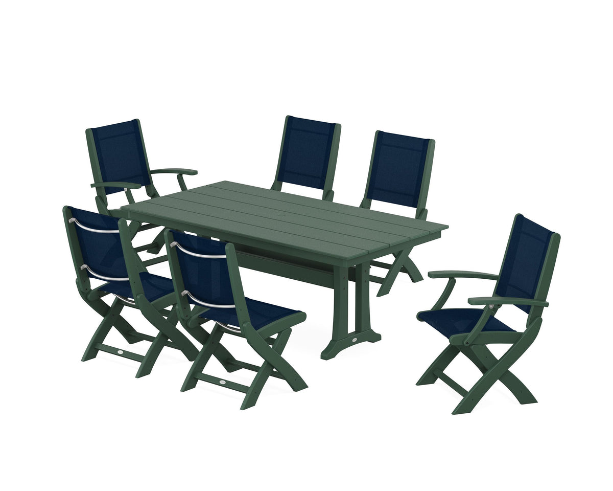 POLYWOOD Coastal Folding Chair 7-Piece Farmhouse Dining Set with Trestle Legs in Green / Navy Blue