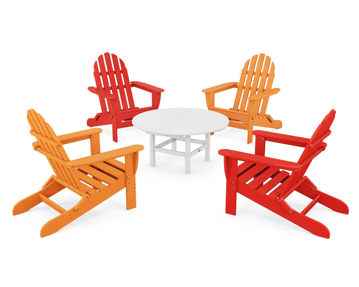 POLYWOOD Classic Folding Adirondack 5-Piece Conversation Group in Tangerine / Sunset Red / White