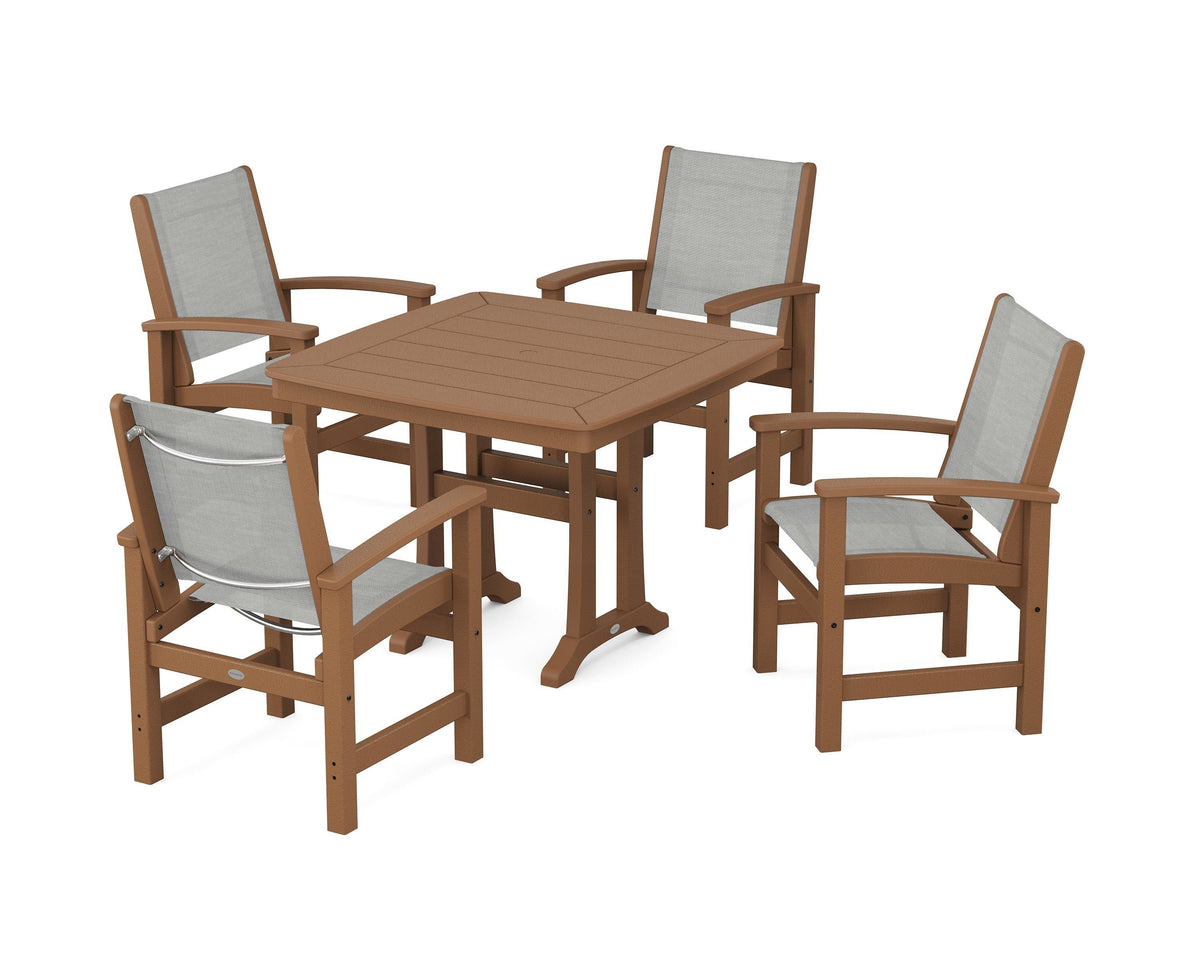 POLYWOOD Coastal 5-Piece Dining Set with Trestle Legs with Nautical Trestle 37" Dining Table in Teak / Metallic