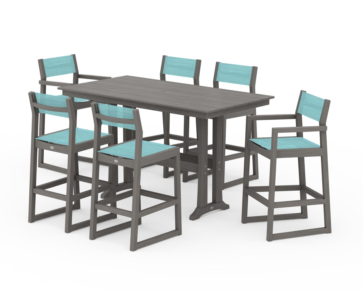 POLYWOOD EDGE Sling 7-Piece Farmhouse Bar Set with Trestle Legs in Driftwood / Dupioni Aquamarine