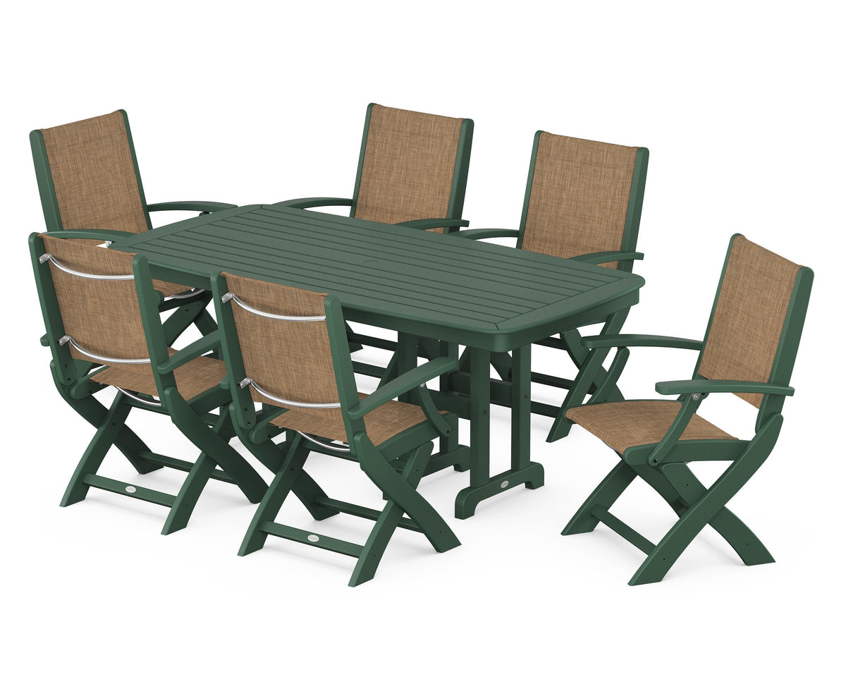 POLYWOOD Coastal Folding Arm Chair 7-Piece Dining Set in Green / Burlap