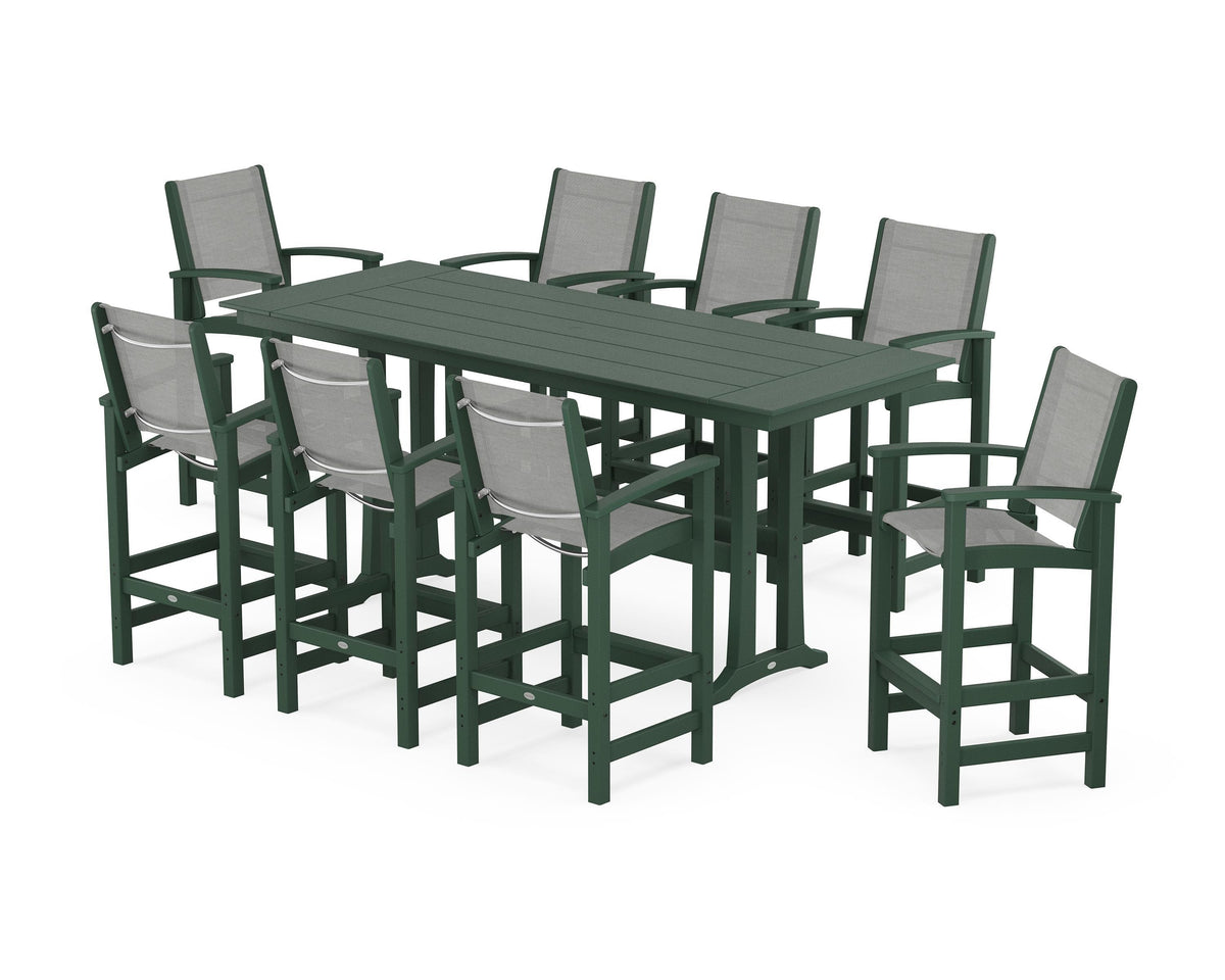 POLYWOOD Coastal 9-Piece Farmhouse Bar Set with Trestle Legs in Green / Metallic