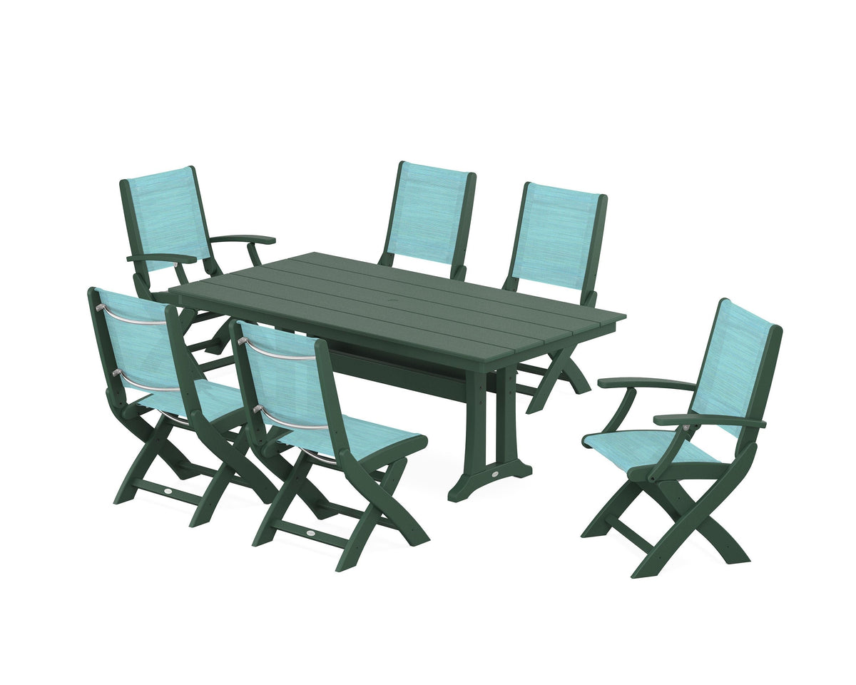 POLYWOOD Coastal Folding Chair 7-Piece Farmhouse Dining Set with Trestle Legs in Green / Dupioni Aquamarine