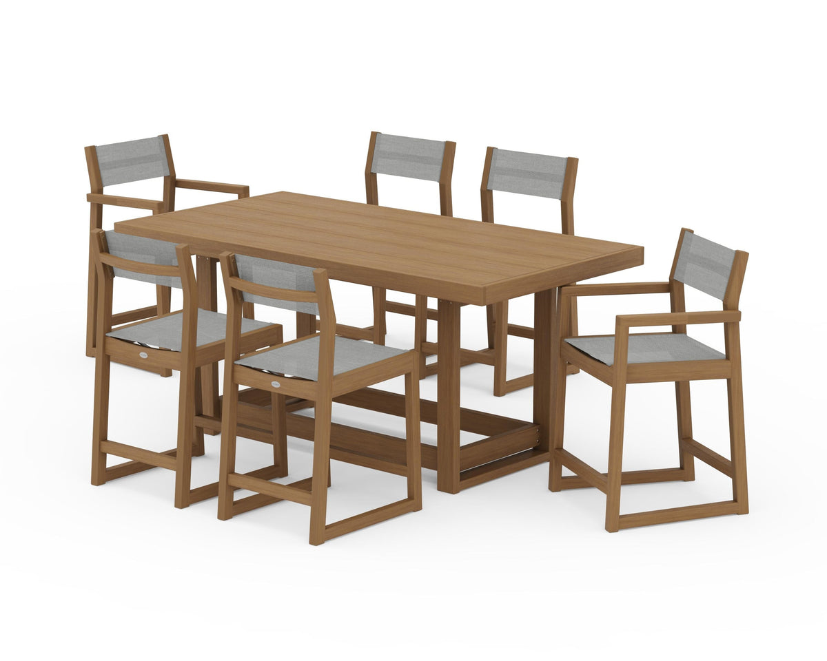 POLYWOOD EDGE Sling 7-Piece Counter Table Set in Natural / Metallic