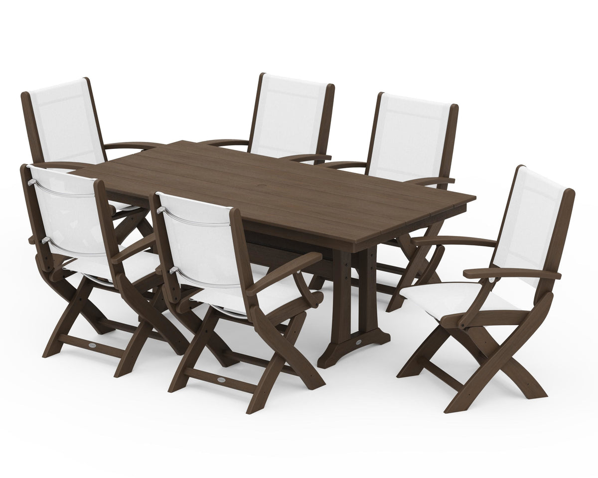 POLYWOOD Coastal Folding Arm Chair 7-Piece Farmhouse Dining Set with Trestle Legs in Kona / White