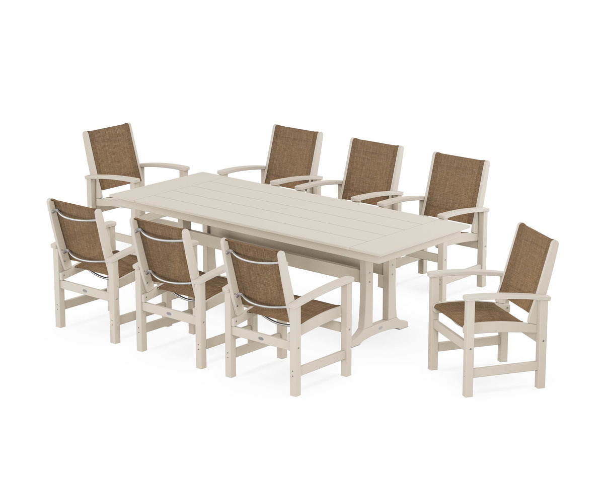 POLYWOOD Coastal 9-Piece Farmhouse Dining Set with Trestle Legs in Sand / Burlap