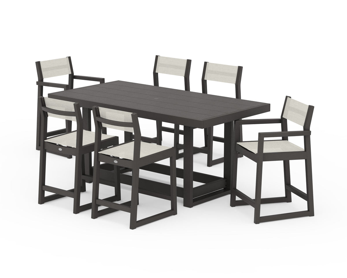 POLYWOOD EDGE Sling 7-Piece Counter Table Set in Vintage Coffee / Parchment