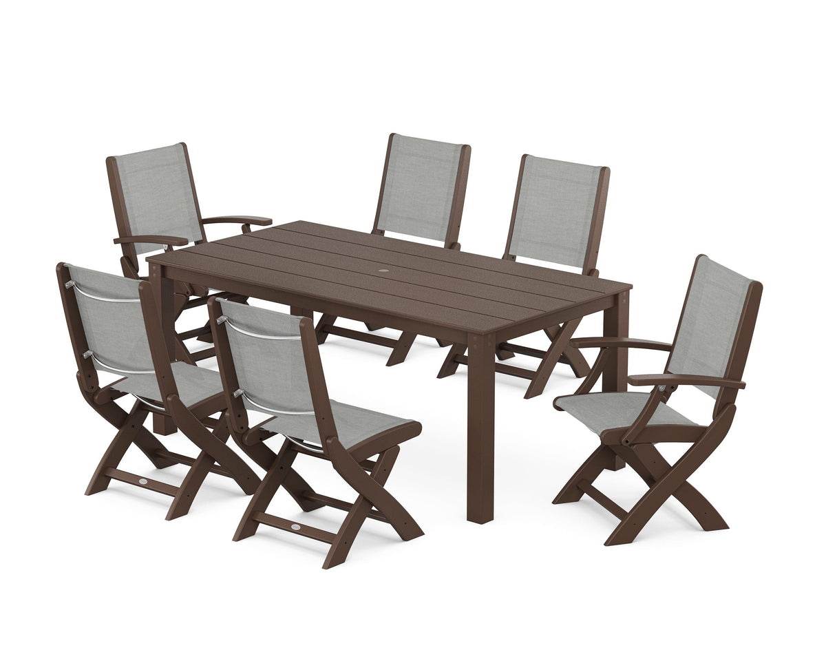 POLYWOOD Coastal Folding Chair 7-Piece Parsons Dining Set with Coastal Folding Side Chair in Mahogany / Metallic