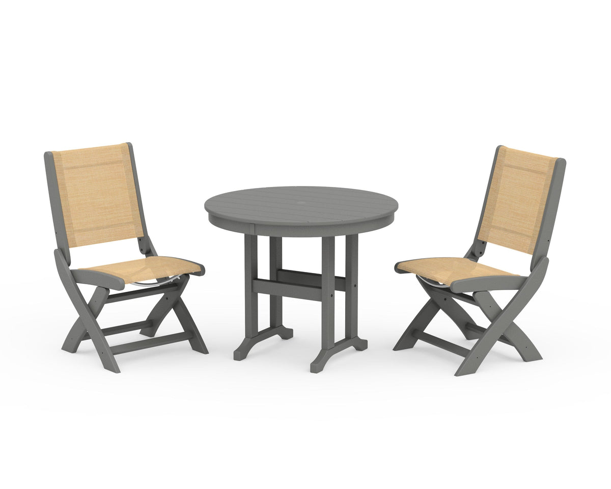 POLYWOOD Coastal Folding Side Chair 3-Piece Round Dining Set in Slate Grey / Dupioni Apricot