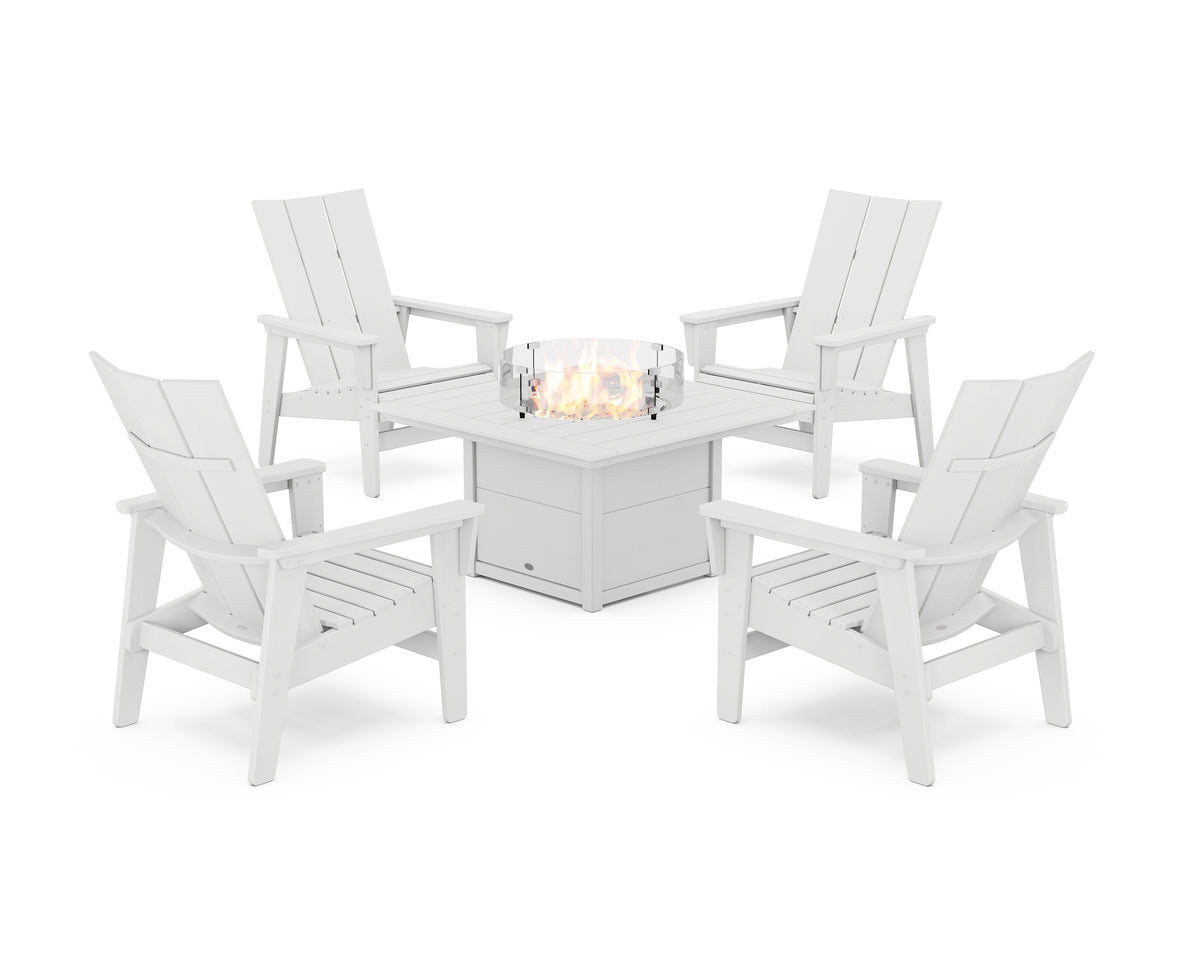 POLYWOOD 5-Piece Modern Grand Upright Adirondack Conversation Set with Fire Pit Table in White