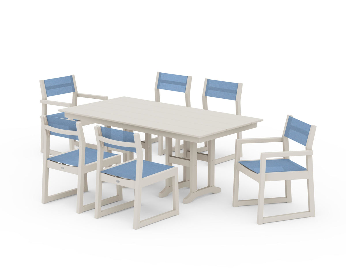POLYWOOD EDGE Sling 7-Piece Farmhouse Dining Set in Sand / Poolside