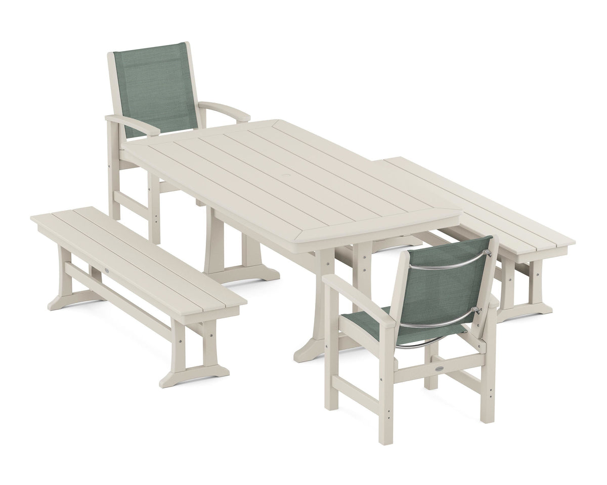 POLYWOOD Coastal 5-Piece Dining Set with Trestle Legs and Benches in Sand / Dupioni Sea Mist