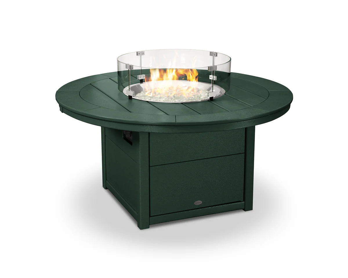 Green fire pit table with flames on a white background