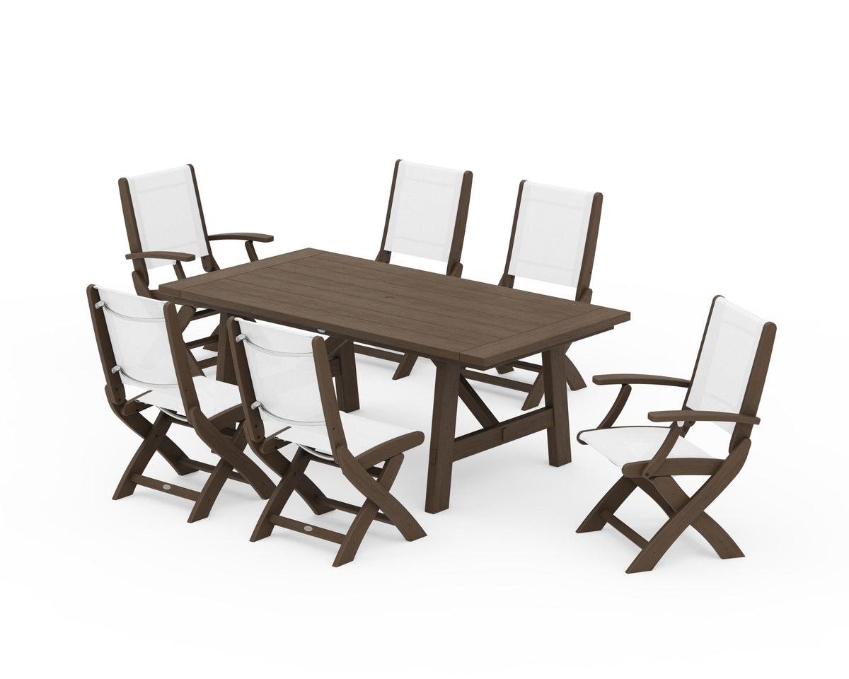 POLYWOOD Coastal Folding Chair 7-Piece Rustic Farmhouse Dining Set in Kona / White