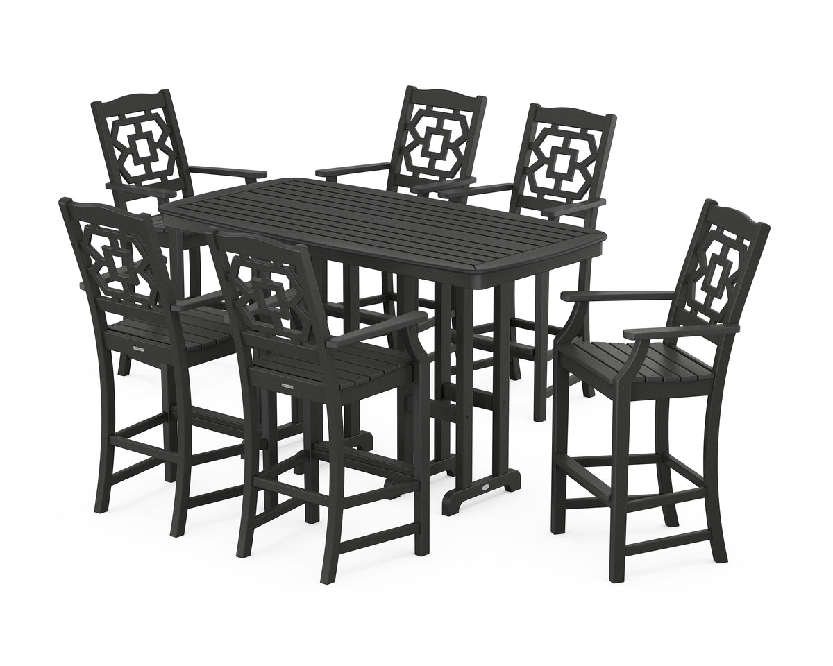 POLYWOOD Chinoiserie Arm Chair 7-Piece Bar Set in Black