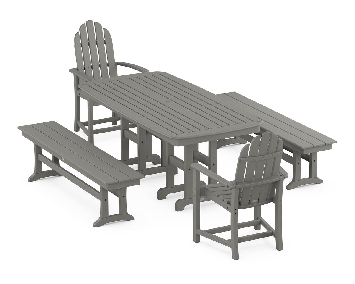 POLYWOOD Classic Adirondack 5-Piece Dining Set with Benches - 37" x 72" Table in Slate Grey