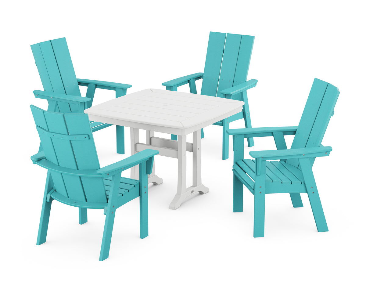 POLYWOOD Modern Adirondack 5-Piece Dining Set with Trestle Legs with Modern Curveback Adirondack Dining Chair in Aruba / White