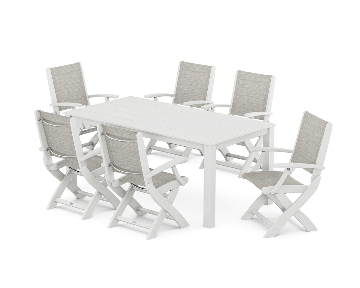 POLYWOOD Coastal Folding Chair 7-Piece Parsons Dining Set in White / Birch