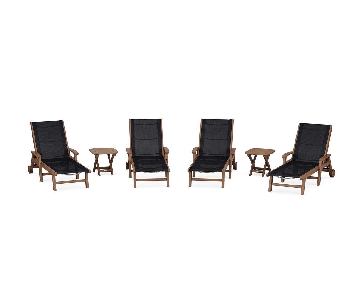 POLYWOOD Coastal Chaise 6-Piece Set with Wheels in Teak / Black
