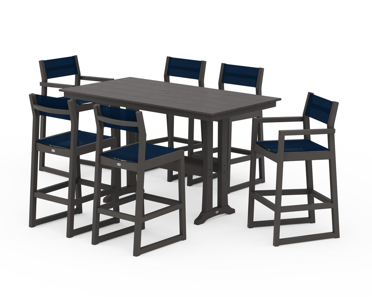 POLYWOOD EDGE Sling 7-Piece Farmhouse Bar Set with Trestle Legs in Vintage Coffee / Navy Blue