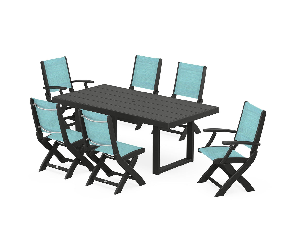 POLYWOOD Coastal Folding Chair 7-Piece Dining Set with Trestle Legs with EDGE 40" x 78" Dining Table in Black / Dupioni Aquamarine